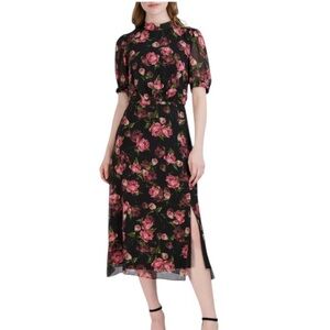 Julia Jordan Women’s Black Floral Print Puff Sleeve Midi Chiffon Dress